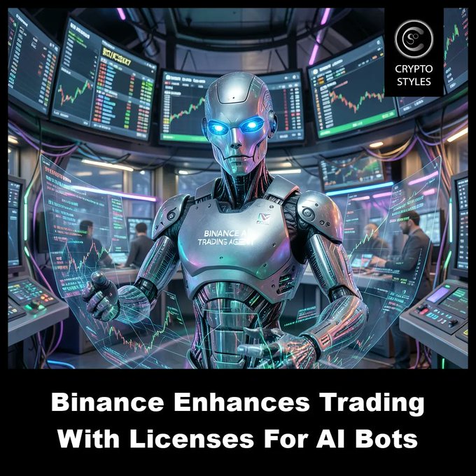 A futuristic humanoid robot with glowing blue eyes stands in a trading floor; text reads "Binance Enhances Trading With Licenses For AI Bots" and "Crypto Styles."