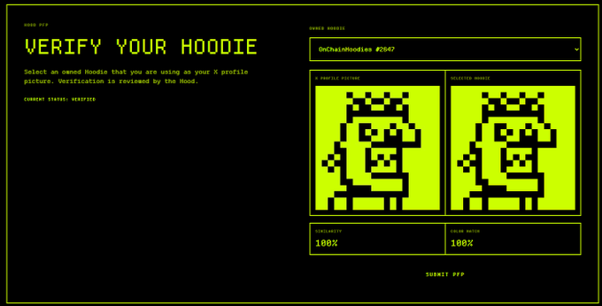 A black and neon-green interface titled 'VERIFY YOUR HOODIE' asking users to submit pixelated profile pictures for the OnChainHoodies project (#2547).