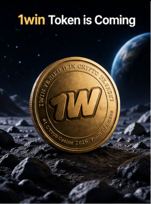 A promotional image shows a large gold "1WIN" token coin resting on a rocky lunar-like surface with Earth visible in the starry background, bearing the inscriptions "1WIN Verified In Crypto Est 2025" and "#1 Crypto Casino 2026 Proof Of Wager," with "1win Token is Coming" displayed at the top. The imagery conveys the upcoming launch teased in the post, where the team is finalizing an expanded airdrop and more sustainable tokenomics ahead of the official debut.