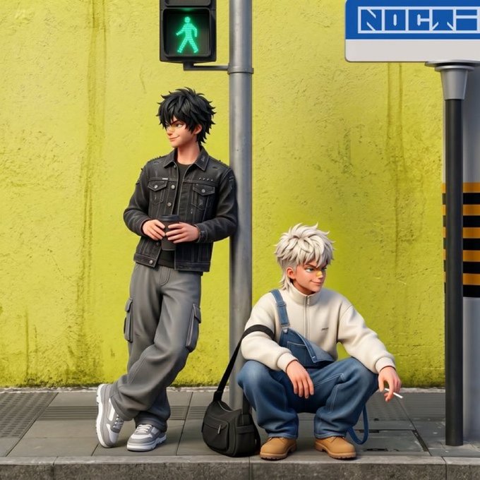 A digital illustration of two young men, one standing in a denim jacket and the other crouching in overalls holding a cigarette, against a yellow wall with a pedestrian traffic light.