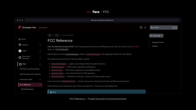 A screenshot of the Flare Network developer documentation showing the 'FCC Reference' page with a chat command 'XFG'.