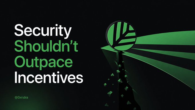 A graphic with the text 'Security Shouldn't Outpace Incentives' next to an illustration of a lighthouse beam, credited to '@0xndra'.