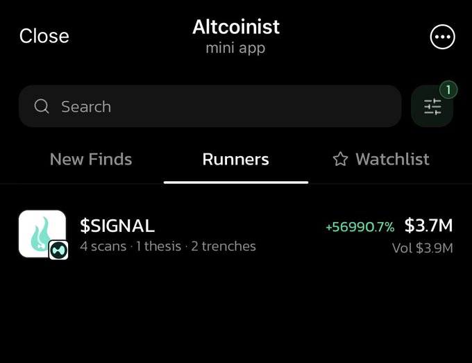 Altcoinist mini app Runners tab displaying $SIGNAL with +56990.7% gain, $3.7M price, and $3.9M volume.