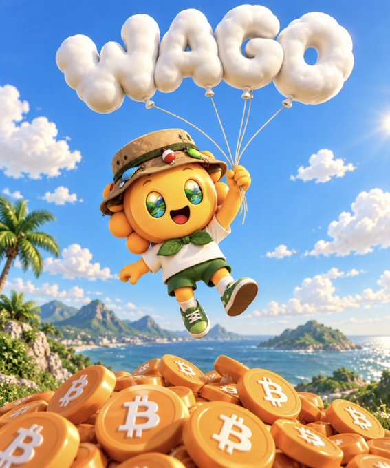 A 3D-style illustration featuring a yellow smiling emoji character floating with cloud-shaped balloons spelling 'VIAGO', wearing a bucket hat, suspended over a pile of Bitcoin coins against a tropical island backdrop.