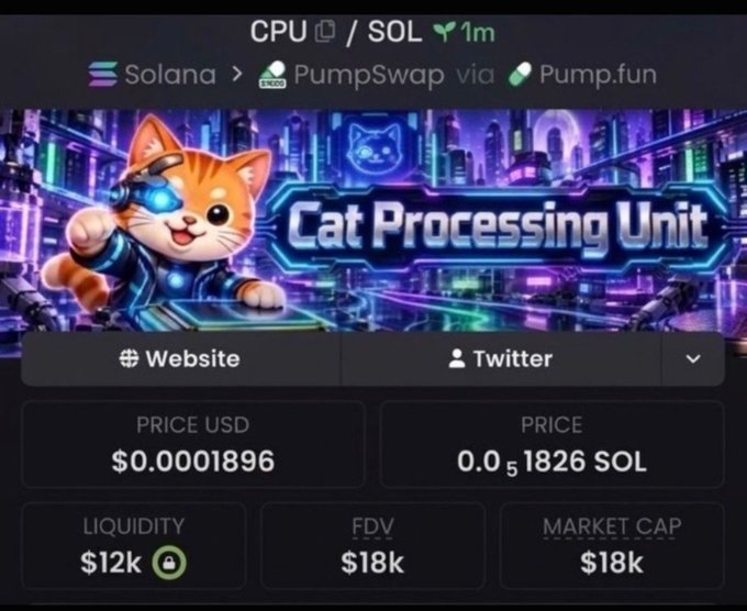 Cryptocurrency token page for 'Cat Processing Unit' (CPU) on the Solana network via PumpSwap, showing a price of $0.0001896 and a market cap of $18k.