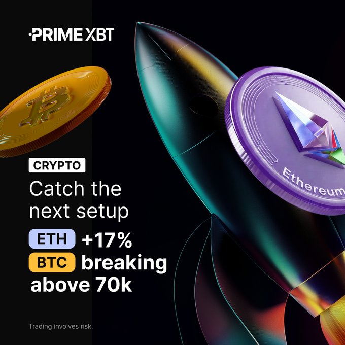A promotional graphic for 'PRIME XBT' featuring a Bitcoin and an Ethereum coin with a rocket ship, advertising 'CRYPTO Catch the next setup' with 'ETH +17%' and 'BTC breaking above 70k'.