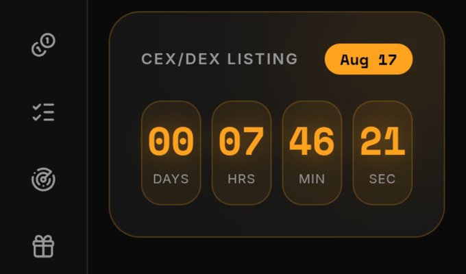 A countdown timer for the "$ORVX" CEX/DEX listing scheduled for Aug 17, showing 00 days, 07 hours, 46 minutes, and 21 seconds remaining. The dark-themed dashboard features navigation icons on the left and prominently displays the listing event details in orange, aligning with the post's urgent reminder about the upcoming exchange listing and airdrop deadline.