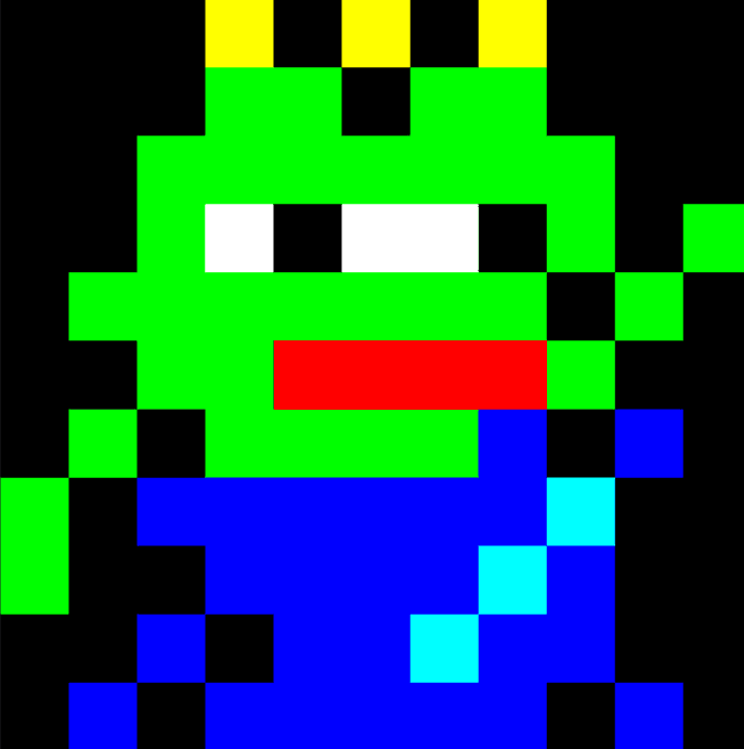 An 8-bit pixel art character with a green face, yellow crown, white eyes, red mouth, and blue body against a black background.