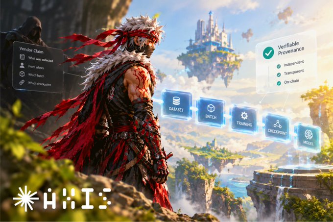 A digital artwork showing a warrior figure overlooking floating islands with a fantasy castle, accompanied by holographic UI panels displaying 'UNITE', 'Vendor Claim', 'Verifiable Provenance', 'Dataset', 'Batch', 'Training', 'Checkpoint', and 'Model'.