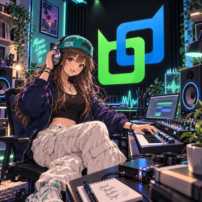 An anime-style illustration of a girl wearing headphones and a 'OOK' cap, sitting at a keyboard with music production equipment, with a green logo in the background and a notepad reading 'Good Beats Better Days'.
