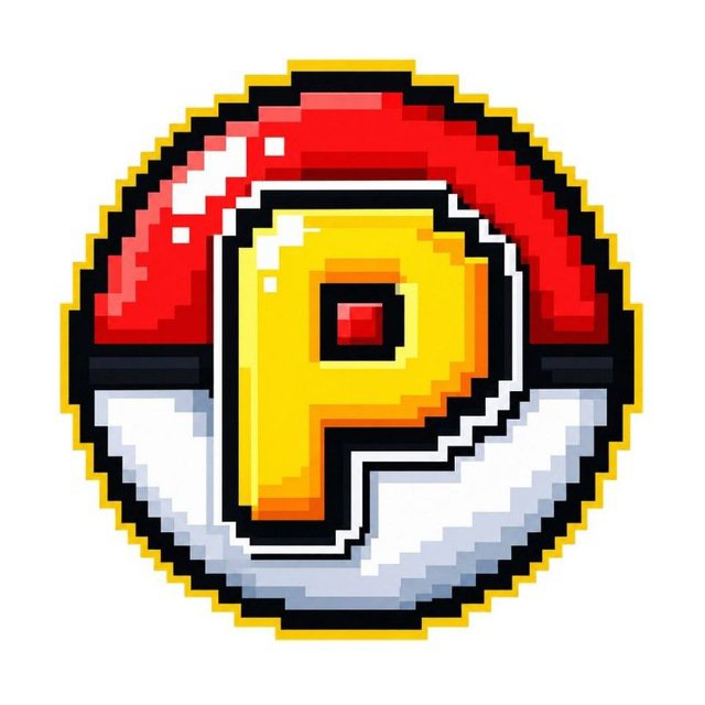 A pixel art logo featuring a stylized letter 'P' in yellow and white, encircled by a red and white Poké Ball-like design with black and yellow borders.