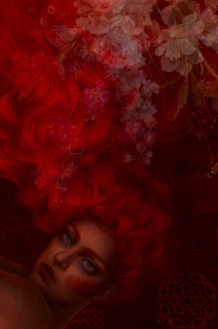 A dark, surreal artistic portrait of a woman with flowing red hair surrounded by flowers against a deep red background.