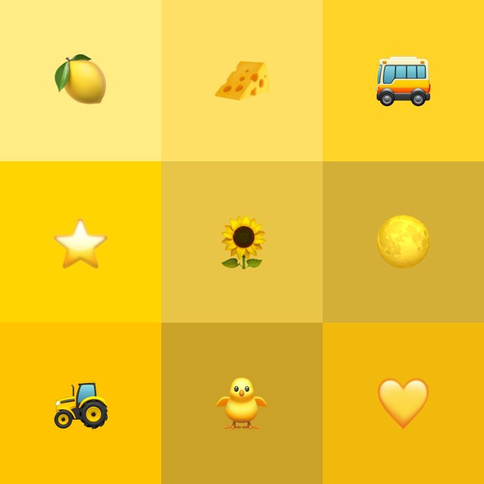 A 3x3 grid of yellow-themed emojis including a lemon, cheese, bus, star, sunflower, moon, tractor, chick, and heart, displayed against varying shades of yellow backgrounds to help identify the exact "yellow" shade Binance uses. The accompanying post asks followers to match Binance's exact yellow color by replying with the corresponding emoji.