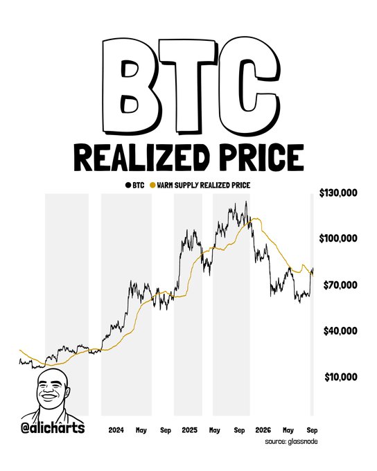 The image is a line chart titled "BTC REALIZED PRICE" comparing Bitcoin's price (black line) against the "Warm Supply Realized Price" (yellow line) from 2024 through 2026, with the y-axis ranging from $10,000 to $130,000. The chart shows BTC peaking near $130,000 around late 2025 before pulling back, with the warm supply realized price acting as a key support level around $70,000-$80,000. Posted by @alicharts with data sourced from glassnode, the visualization illustrates the recent reclaim of the warm supply realized price, supporting the post's claim that this metric has historically preceded significant Bitcoin rallies ranging from +69% to +159%.