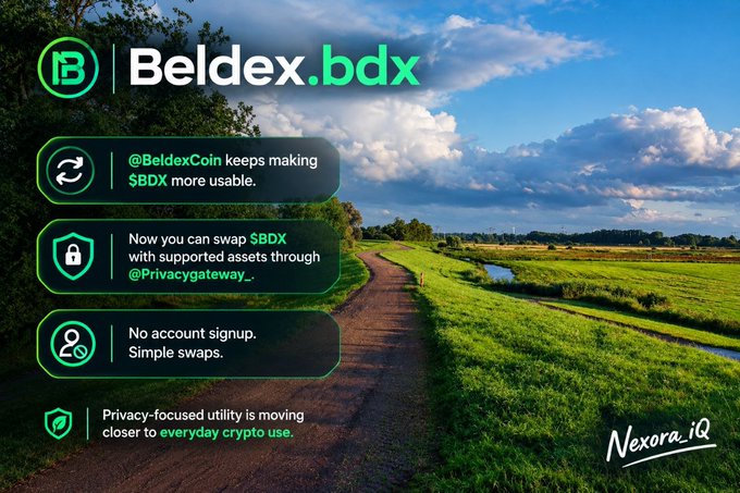 A promotional graphic for Beldex.bdx ($BDX) highlighting privacy-focused features like asset swaps, no account signup, and simple swaps, branded with 'Nexora.iQ'.