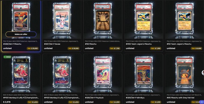 A screenshot of a digital marketplace displaying graded Pokémon cards for sale, including Pikachu, Psyduck, and a BGS Black Label 2022 One Piece card, with prices listed in fiat currency.