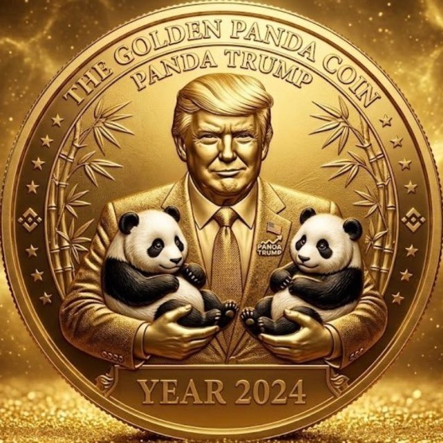A commemorative gold coin titled 'THE GOLDEN PANDA PANDA TRUMP COIN' featuring a relief of Donald Trump holding two pandas, dated 'YEAR 2024'.