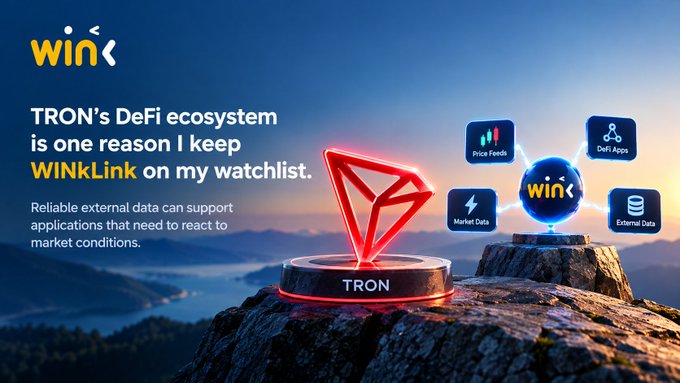 A promotional graphic for WINkLink (WIN) highlighting TRON's DeFi ecosystem, listing features like Price Feeds, DeFi Apps, Market Data, and External Data connected through the TRON network.