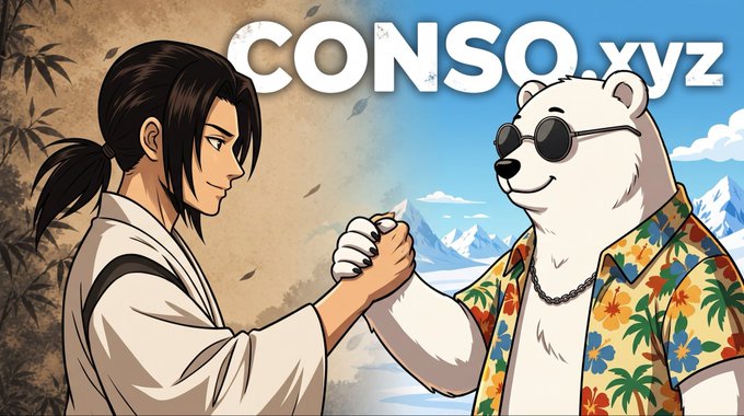Anime-style character handshaking with sunglasses-wearing polar bear in Hawaiian shirt.