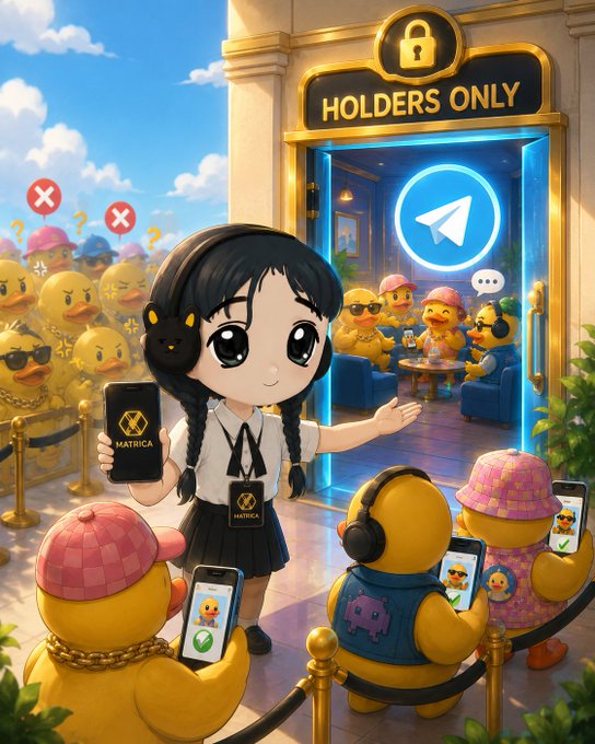 The image features a girl with black hair, dressed in a white shirt and black pants, standing next to a group of yellow ducks wearing headphones. The girl is holding up her phone, possibly showing something interesting or entertaining to the ducks. In the background, there are other people present who seem to be engaged in conversation or observing the scene. A sign can also be seen in the image that reads "holders only", indicating that this gathering might be exclusive and not open to everyone.