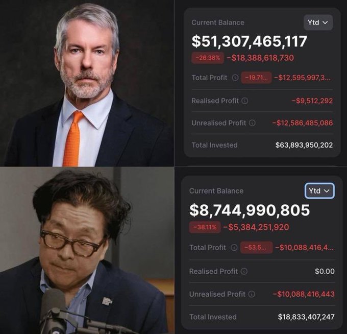 The image shows two photographs of men dressed in suits, one with a gray beard wearing glasses and the other without a beard also in a suit. Both photos have a text overlay that reads "Current balance $51,390,895". The text on each photo is slightly different, but both seem to represent the same information. In addition, there are two other photos of people in various positions or poses surrounding these images, adding more context to the overall scene and possibly providing additional background details about the people featured in these pictures.