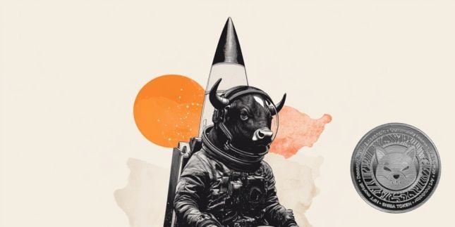 A black-and-white image of an astronaut wearing a Shiba Inu helmet riding a rocket, paired with an image of a Shiba Inu-branded commemorative coin on a cream background.