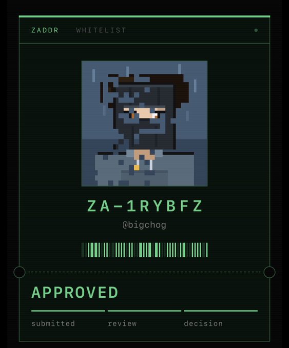 Digital 'ZADDR WHITELIST' card featuring a character avatar, the code 'ZA-1RYBFZ,' the username '@bigchog,' a barcode, and an 'APPROVED' status at the bottom with a progress bar showing 'submitted, review, decision.'