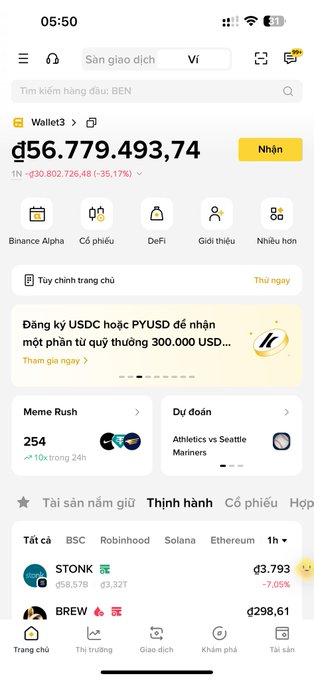 A mobile screenshot of a crypto wallet app showing a balance of ₫56.679.493,74 in Vietnamese Dong (down 35.17%), with tabs for BSC, Robinhood, Solana, and Ethereum, and tokens like STONK and BREW listed.