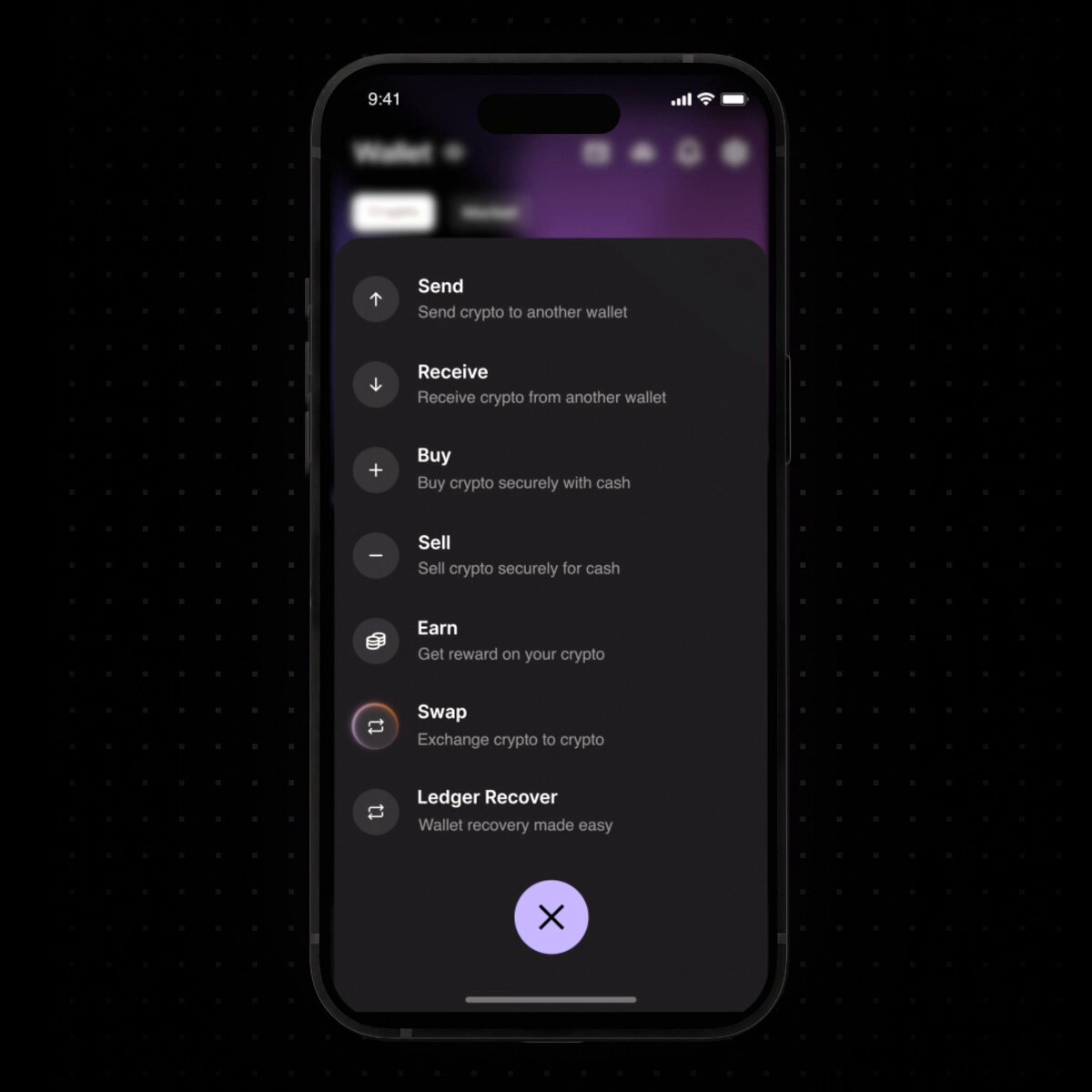 The image shows a smartphone screen displaying information about native monads and Ledger Wallet app features, such as trading native tokens or exchanging them for cryptocurrency. The phone's screen also has a purple button that says "X" next to a list of options on the screen. This suggests that the user might be in the process of making a decision related to native token trading or using the Ledger Wallet app.
