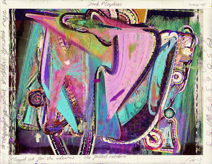 This vibrant graffiti-style artwork titled "Flayed out for the vultures - the failed rainbow" features bold, dripping pink, teal, and purple letterforms with chaotic layered coloring. The piece is signed "Jank Playdoh" and numbered "11," indicating it's an edition from the "Jankpop" series by the artist. The accompanying post notes that this work (Jankpop #11) was acquired on secondary market for 0.15 ETH by @RarePatterns.
