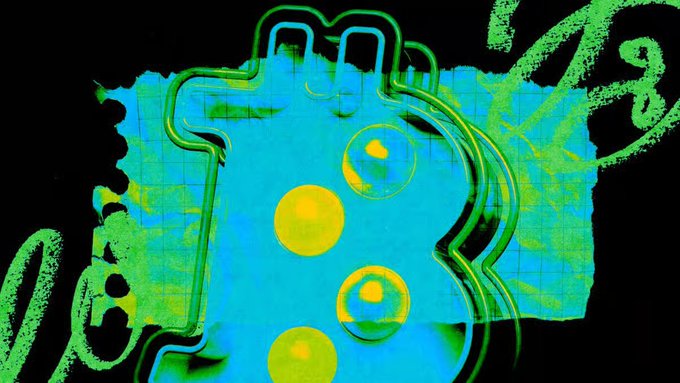 An abstract, colorful digital artwork features swirling neon green lines and yellow circles against a bright blue background with a grid pattern.