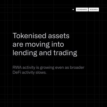 A dark minimalist article header with the text 'Tokenised assets are moving into lending and trading' and a subtitle 'RWA activity is growing even as broader DeFi activity slows.' under the 'COINSHARES RESEARCH' logo.
