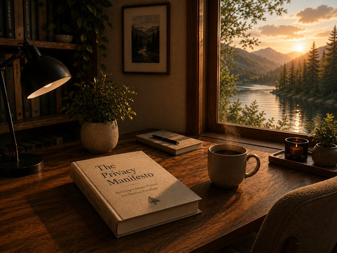 A warm, cozy scene shows a wooden desk with a steaming mug, a book titled "The Privacy Manifesto," and a black lamp beside a window framing a peaceful lake and mountain sunset, visually embodying the quiet, unhappening nature of true privacy.