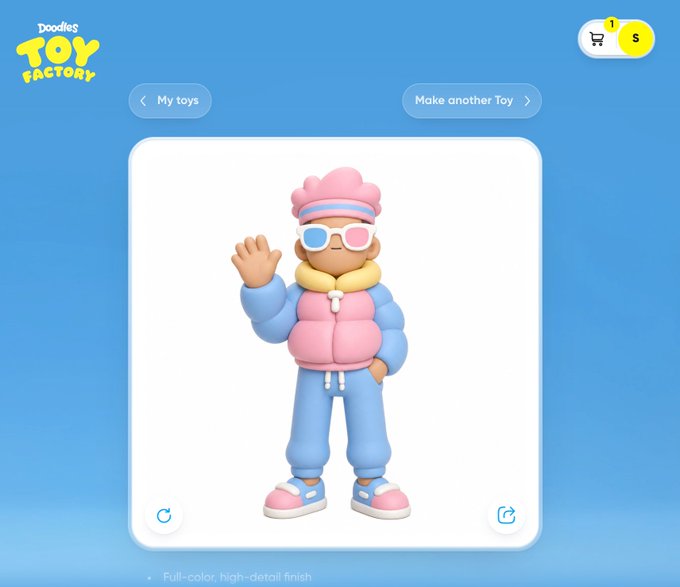 A screenshot from Doodles' 'TOY FACTORY' displays a 3D-rendered toy figure wearing a pink puffer vest, blue sweatpants, and 3D glasses, with buttons for 'My toys' and 'Make another Toy'.