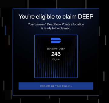 The image features a screenshot of a page that displays information about claiming a DeepBook on-demand feature for smartphones. The screen contains a message congratulating users for their accomplishment, informing them they are qualified to claim their season 1 DeepBook Points allocation. It also provides instructions on how to claim points and confirm them in the corresponding app or wallet.