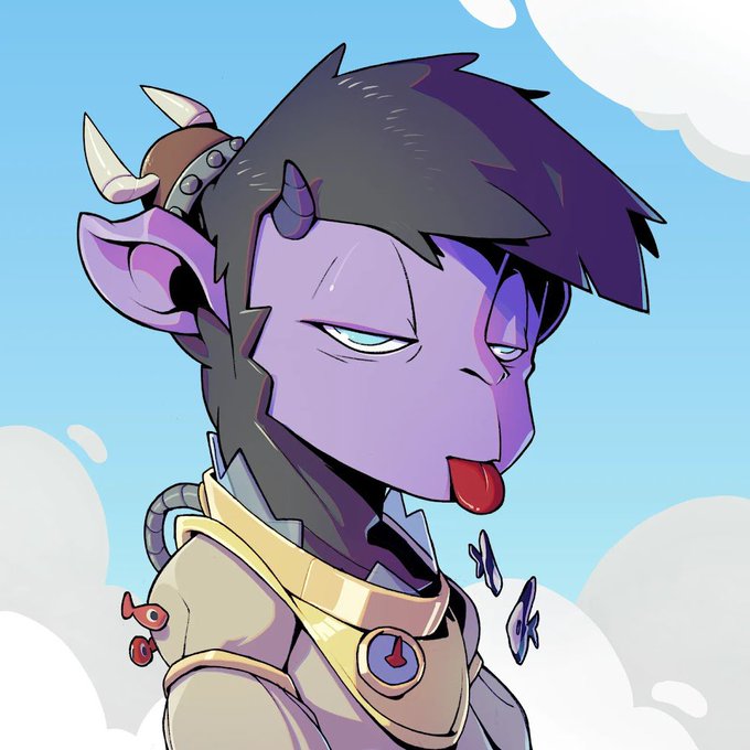 A purple-skinned humanoid character with dark hair, horns, and a red tongue sticking out, wearing gold and tan clothing with a mechanical collar against a blue sky background.