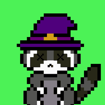 A pixel art character wearing a purple witch hat with a golden buckle, dark sunglasses, and holding a weapon, set against a green background.