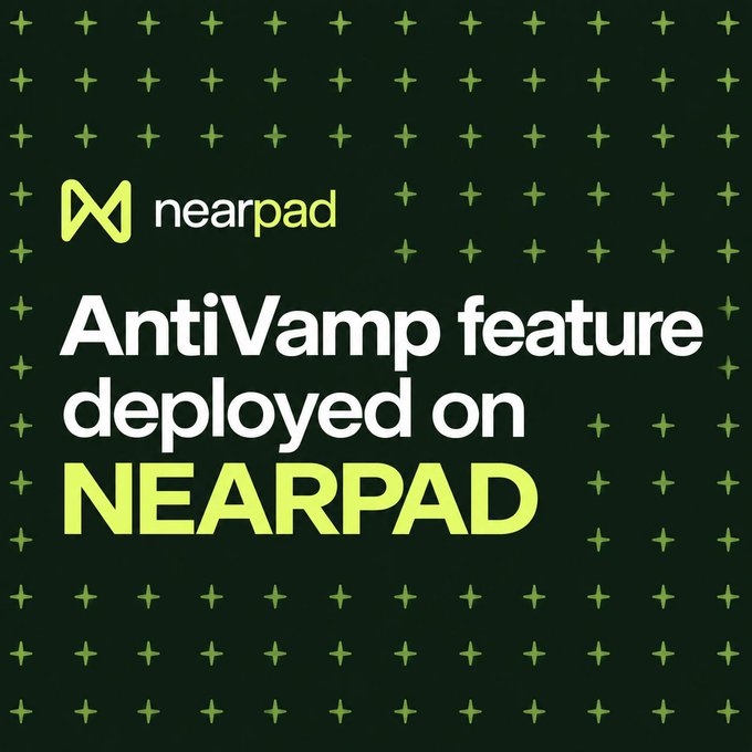 A promotional graphic for "nearpad" announces "AntiVamp feature deployed on NEARPAD" against a dark green background patterned with small plus signs.