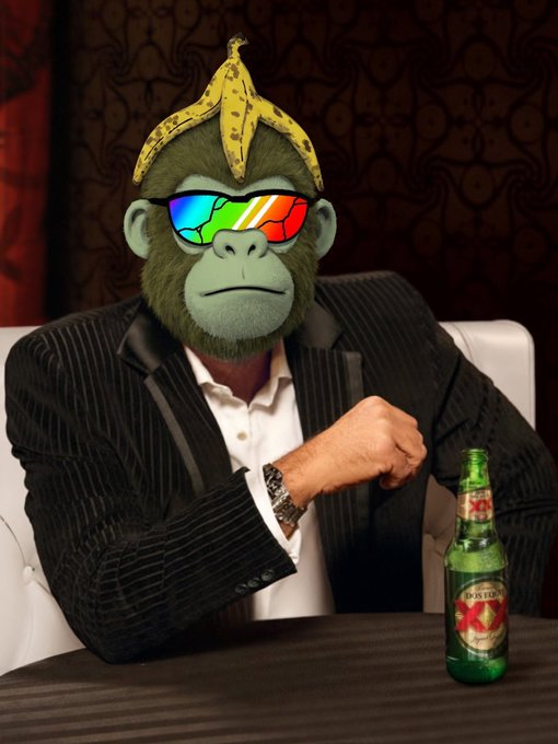 A suited monkey wearing a banana peel hat and rainbow sunglasses flexes its arm at a table with a green beer bottle labeled "EXPORT," embodying the irreverent, party-themed $DUMP meme culture promoted in the "DUMPSTR GUIDE." The image's quirky, humorous vibe captures the lighthearted and chaotic spirit of the dumpstr.party community.