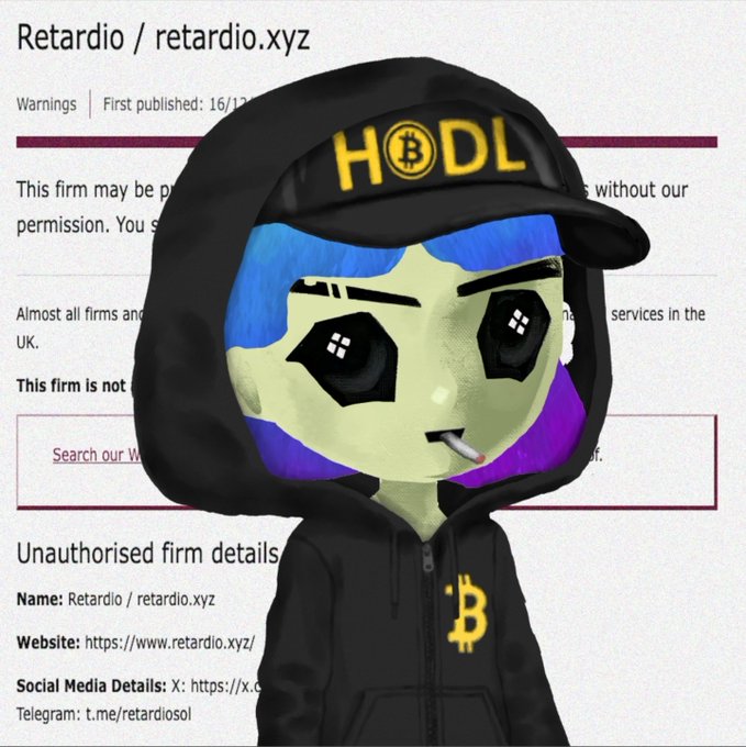 A cartoonish character wearing a black hoodie with a Bitcoin logo and a black cap with 'HODL' written in yellow, set against a webpage warning about unauthorised firm 'Retardio / retardio.xyz'.
