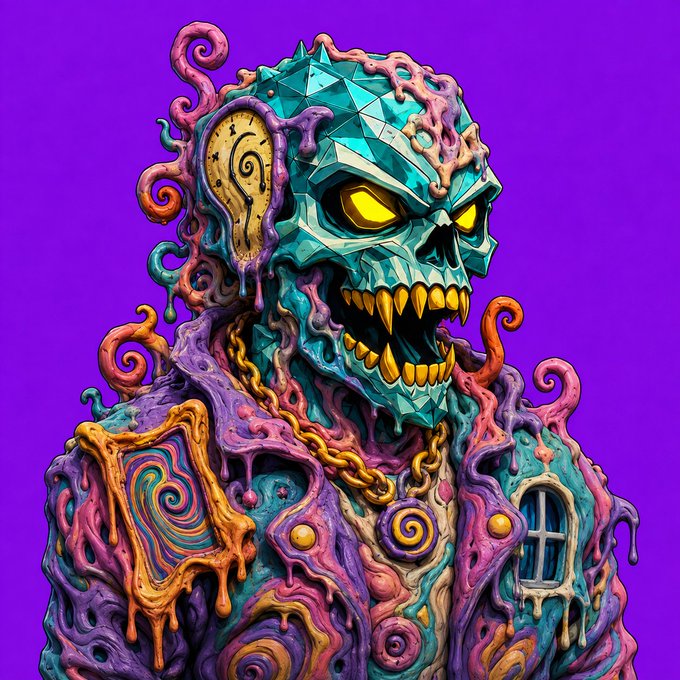 A vibrant digital illustration of a monstrous skull creature with glowing yellow eyes and golden teeth, covered in colorful swirling patterns and geometric shapes against a purple background.