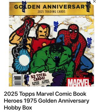 A product listing for '2025 Topps Marvel Comic Book Heroes 1975 Golden Anniversary Hobby Box' featuring vintage-style Marvel artwork of Iron Man, Hulk, and Spider-Man.
