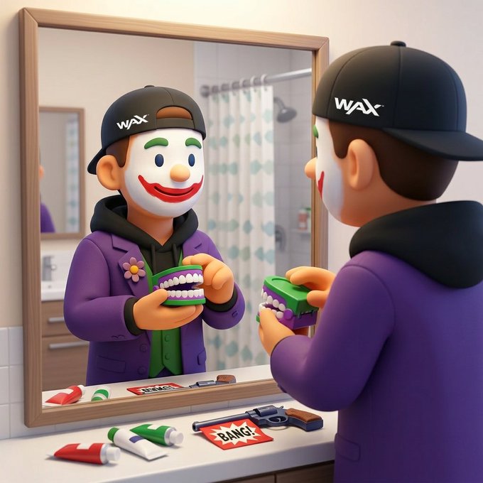 The image features a cartoon character wearing a purple jacket, holding a toothbrush with fake teeth attached to it. The character appears to be brushing his teeth while looking at himself in a mirror. The caption of the post reads "Why so serious?" It seems that the creator of this image is trying to convey a message about dental hygiene or perhaps encouraging people to take care of their oral health during the summer season, which can be interpreted as a lighthearted and humorous approach to promoting good dental habits.

The post also includes some references to GM WaxFam, which could suggest that it's related to a product or service offered by this company. The image is set in a bathroom with various items such as toothpaste tubes, a toothbrush holder, and a sink.