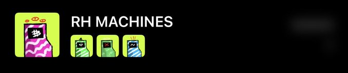 A digital banner with the text 'RH MACHINES' displaying four cartoon machine icons, including a larger pink and black one and three smaller green ones.