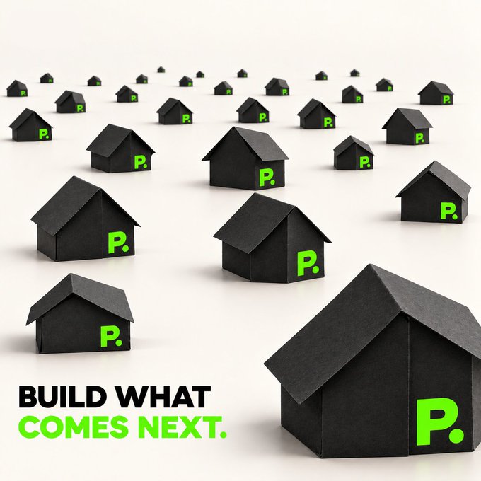 An advertisement displays multiple black paper houses with green "P." logos, accompanied by the text "BUILD WHAT COMES NEXT."