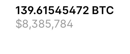 The image displays a cryptocurrency wallet balance showing 139.61545472 BTC valued at $8,385,784, closely matching the post's claim of officially owning 140 Bitcoins ($BTC) and rounding the precise balance up.