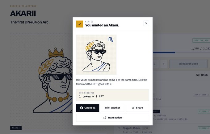 A confirmation screen showing "You minted an Akarii" - a Genesis Collection NFT featuring a crowned figure with pixel sunglasses, described as "The first DN404 on Arc."
