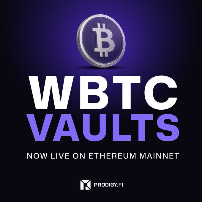 Promotional graphic for WBTC VAULTS on Ethereum Mainnet, featuring a Bitcoin coin and the Prodigi.fi logo.