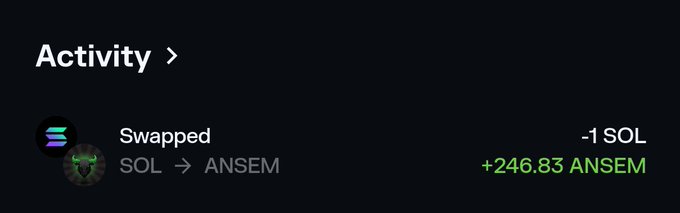 A crypto transaction activity log shows a swap of -1 SOL for +246.83 ANSEM tokens.
