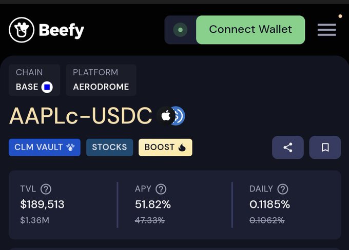 Another screenshot of the Beefy DeFi platform showing the same 'AAPLc-USDC' vault details on the Base chain with a TVL of $189,513 and TVL of $1.36M.